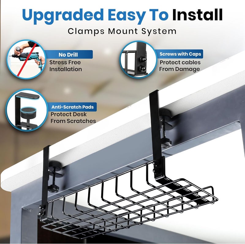 WTADAY Under Desk Cable Management Tray, 16” No Drill Cord Organizer with Clamps for Wire Management, 4mm Sturdy Wire Desk Cable Organizer Tray, Cable Management Rack for Office - Image 2